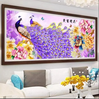Tranh thêu chữ thập Đôi công màu tím (150x72)