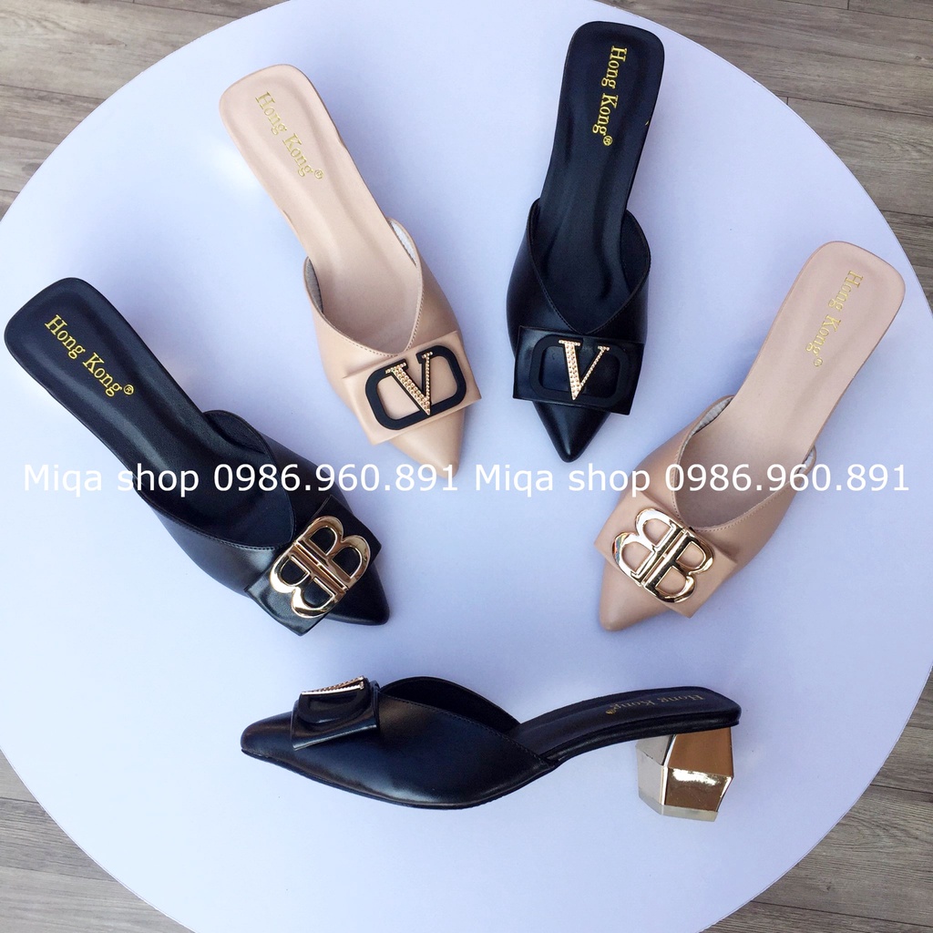 Giày cao gót nữ 5cm, dép sục da trơn mũi nhọn khoá vuông