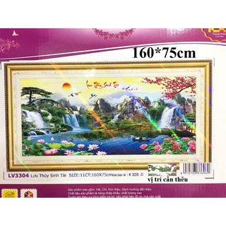 tranh thêu chữ thập phong cảnh lưu thủy sinh tài kt 160x75cm