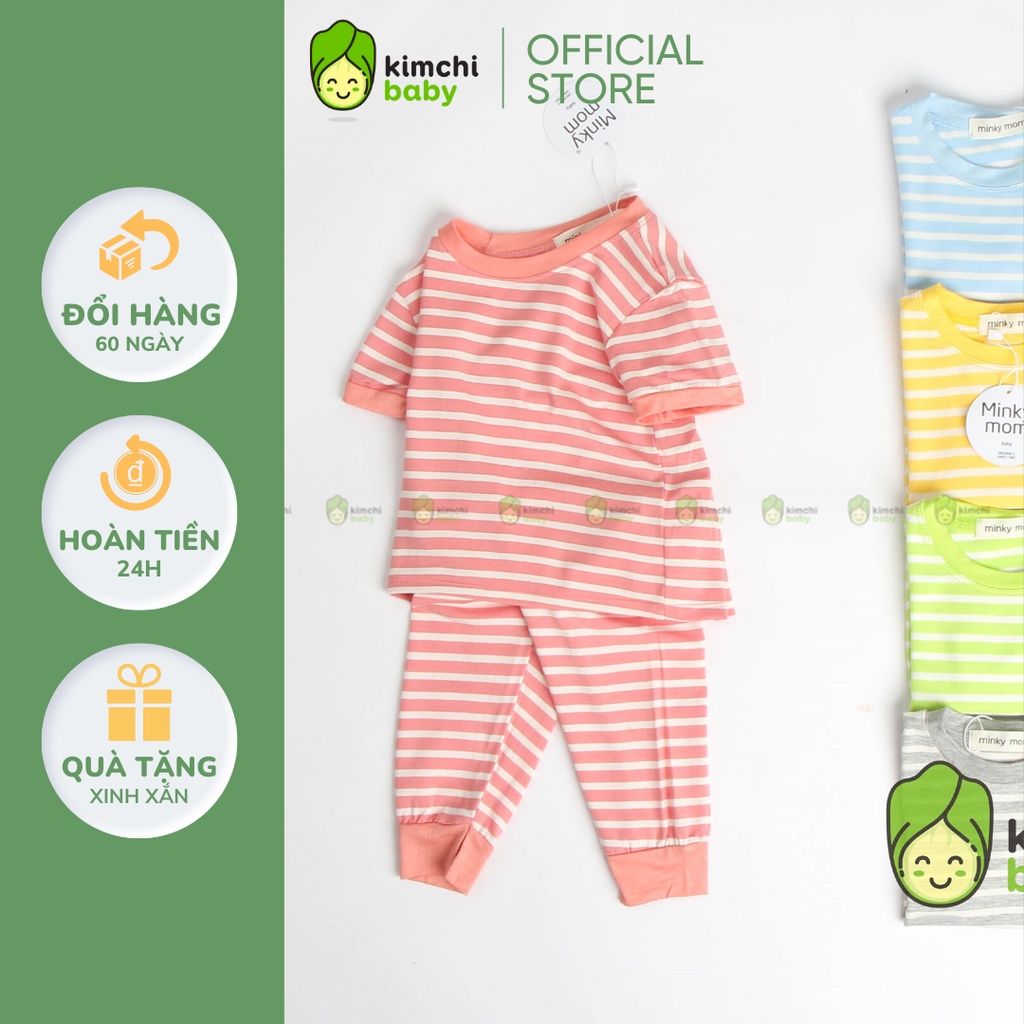 Đồ Bộ Bé Gái, Bé Trai Minky Mom Vải Thun Lạnh Quần Dài Họa Tiết Kẻ Sọc, Bộ Cộc Tay Cho Bé Mặc Nhà MKMTD2102