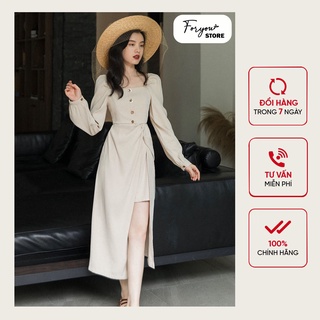 Váy xẻ tà FORYOU đầm cổ vuông tay dài cúc giữa sang trảnh - Mono Dress