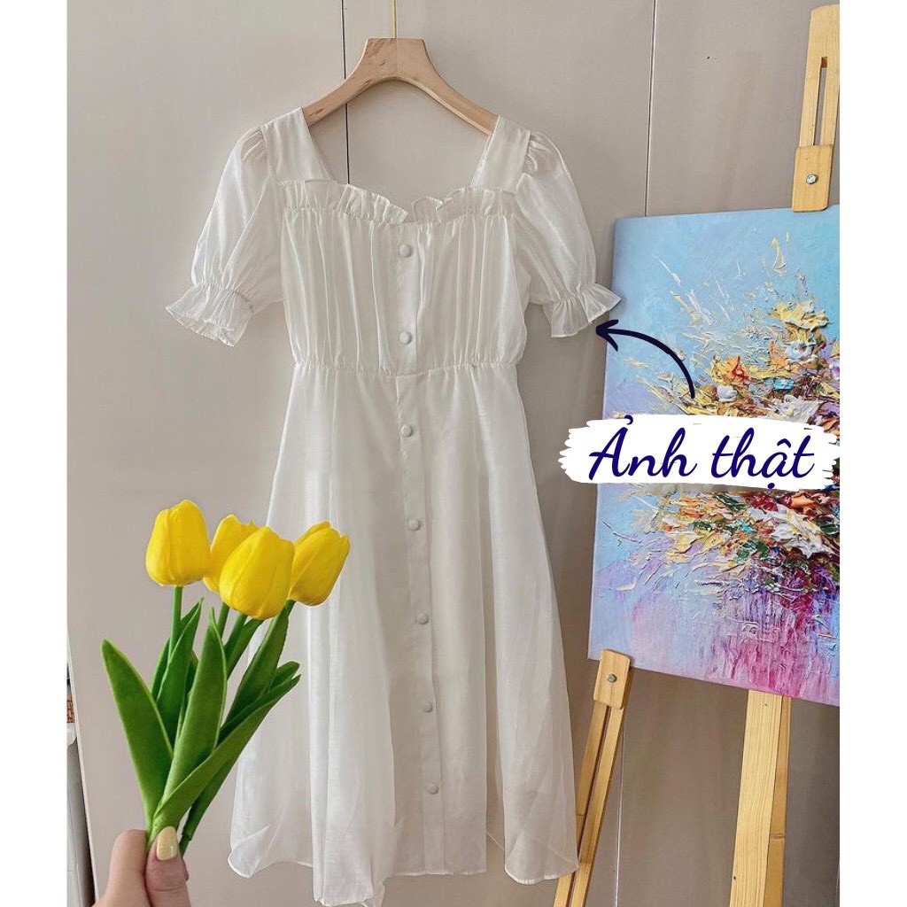 [Ảnh thật] Váy trắng cộc tay cổ vuông cúc bọc - Váy trắng kỉ yếu xoè voan tơ tay bồng