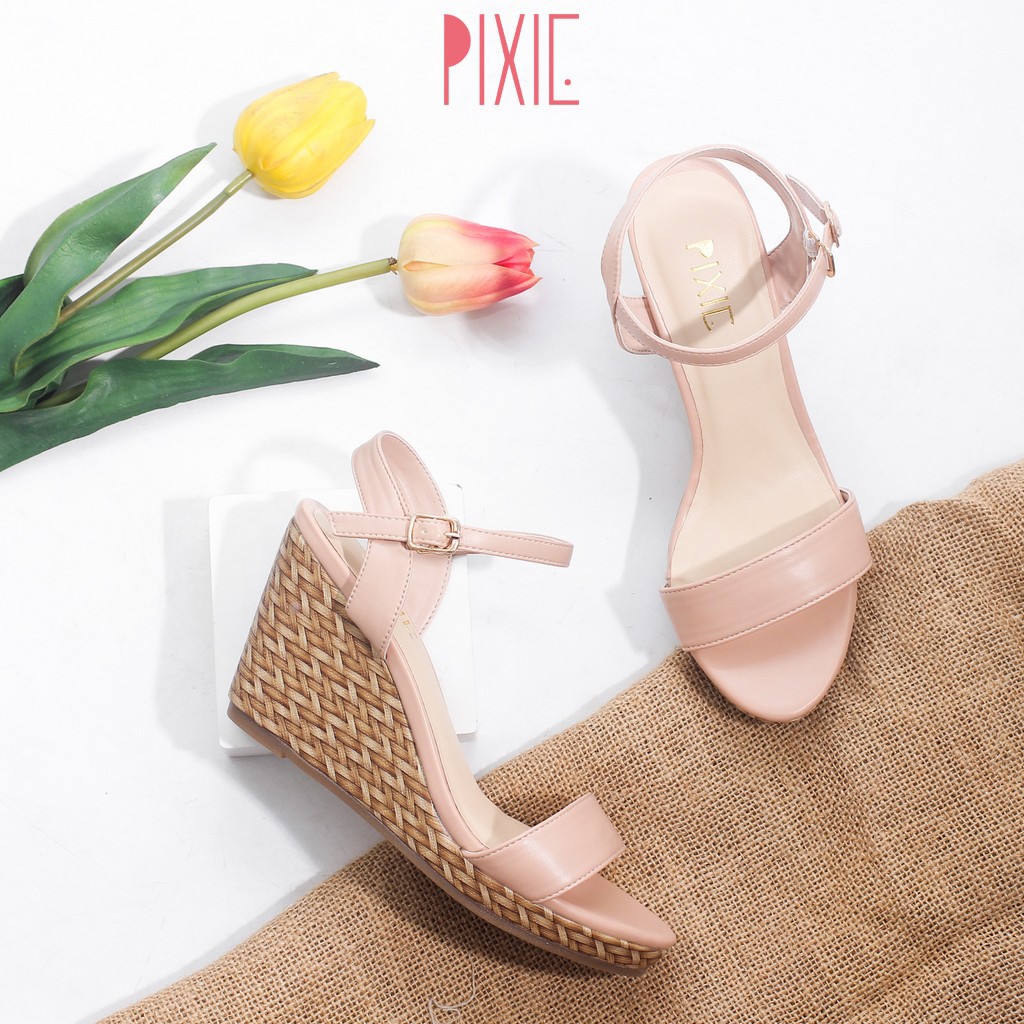 Giày Sandal Đế Xuồng 7cm Quai Ngang Đế Đan Tre màu Kem Pixie X451