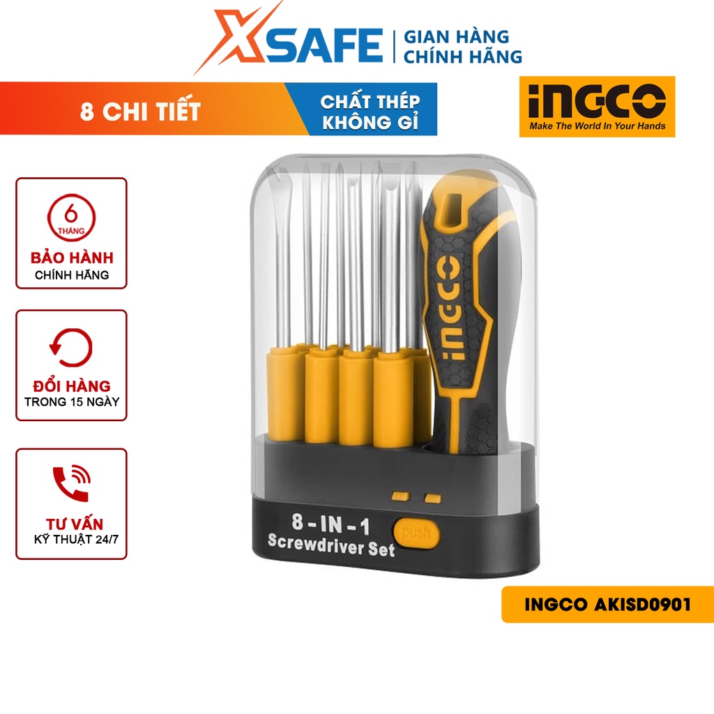 Bộ 9 tua vít đa năng INGCO AKISD0901 Bộ tuốc nơ vít thép CR-V đầu vít khỏe, cứng cáp, tay cầm có thể hoán đổi