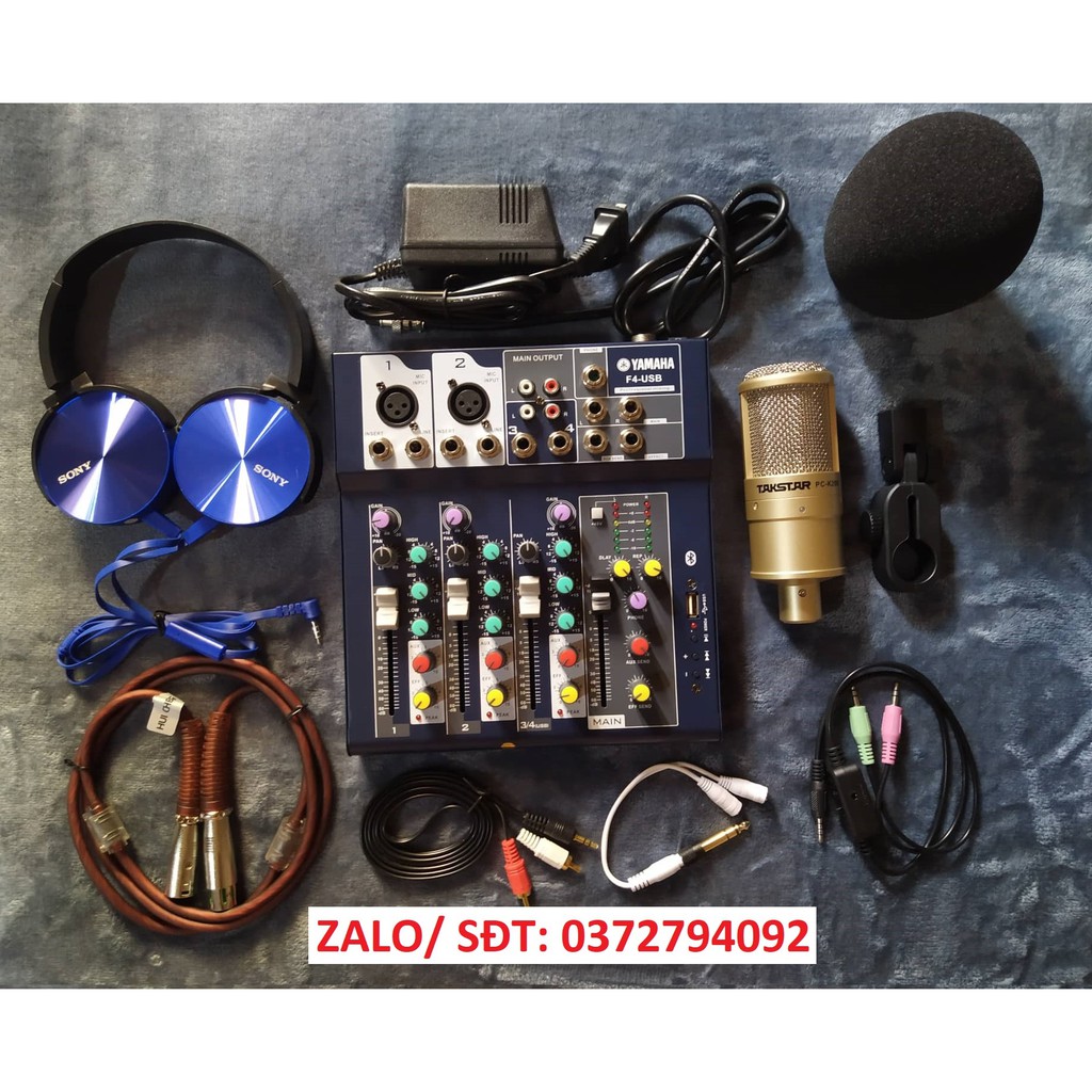 BỘ combo míc THU ÂM micro TASTARK PC-K200 BÀN TRỘN ÂM THANH MIXER YAMAHA F4 USB Tặng tai nghe sony450