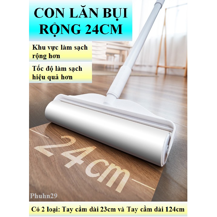 Cây Lăn Bụi 24Cm Làm Sạch Quần Áo, Ga Giường, Sofa, Lông Chó Mèo ( Có 2 Loại Tay Cầm Ngắn 23cm, Tay Cầm Dài 124cm )