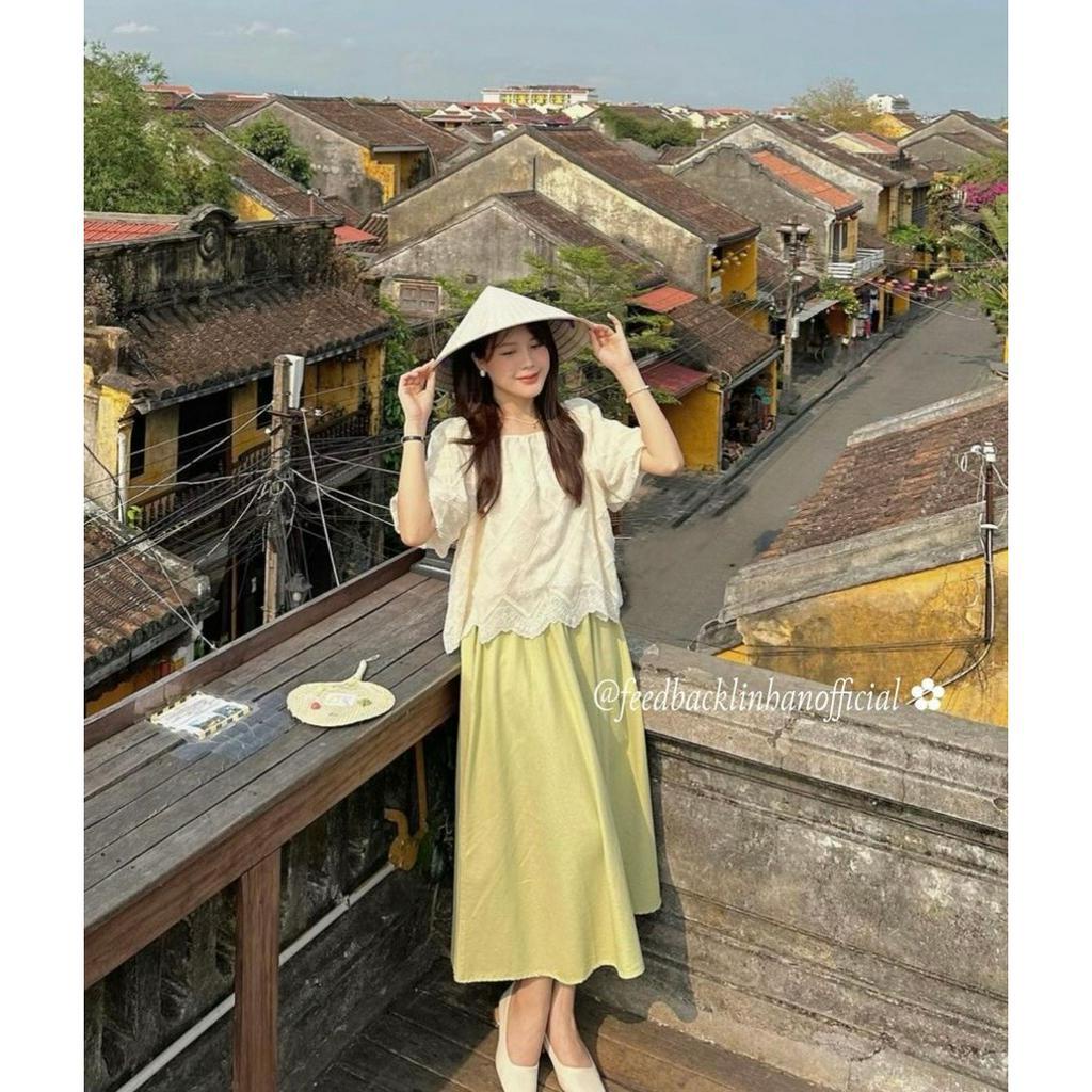 SET ÁO XÔ ĐỤC LỖ BẸT VAI + CHÂN VÁY MIDI XANH BƠ (TH)
