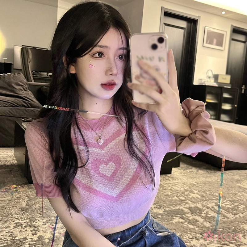 Áo Croptop Vải Lụa Lạnh Tay Ngắn Dáng Ôm Thoáng Khí In Hình Trái Tim Kiểu Retro Cho Nữ