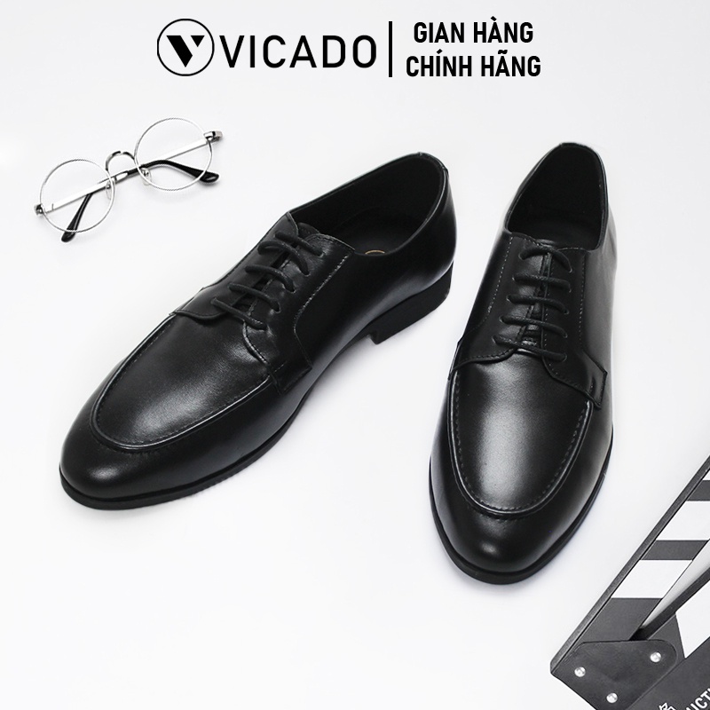 Giày lười nam công sở da bò cao cấp Oxford buộc dây Vicado VO0110 màu đen