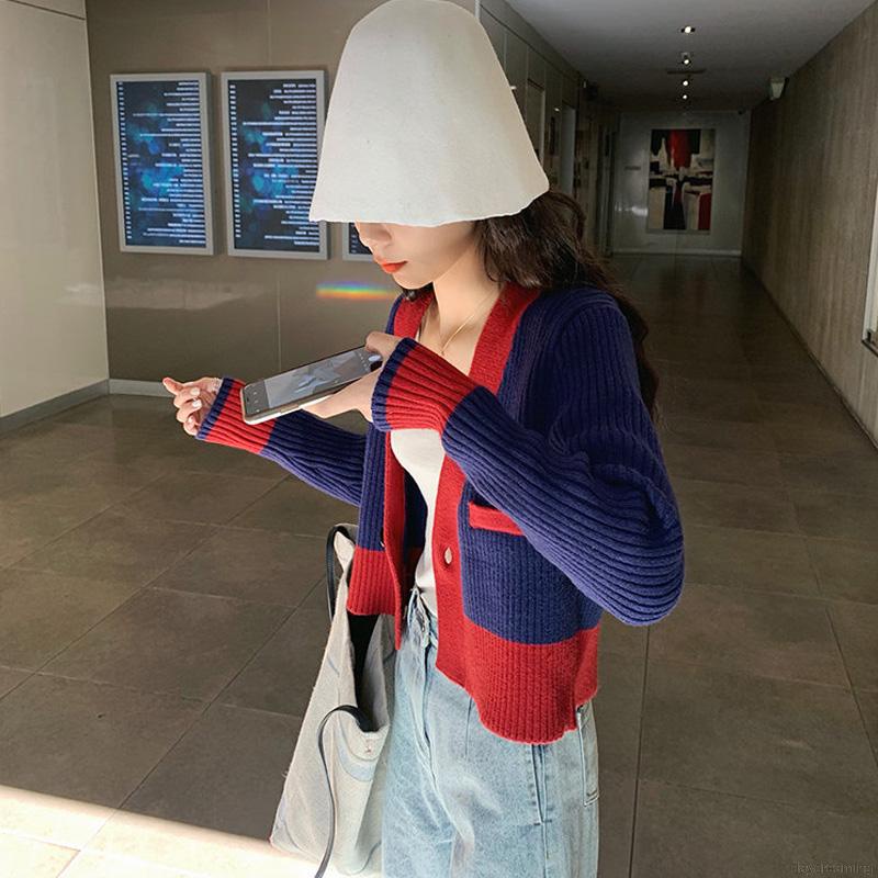 Áo Cardigan Len Tay Dài Màu Trơn Tương Phản Retro Phong Cách Hàn Quốc Cho Nữ