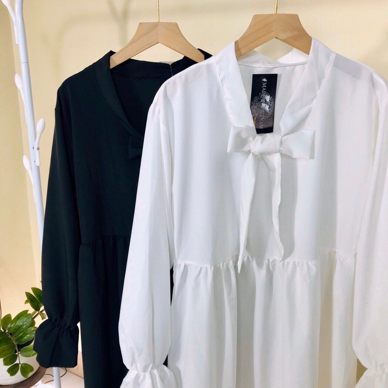 Đầm BABYDOLL  Váy Tay Bồng[FREESHIP]Nơ Ngực Dáng Suông Trắng | Đen Siêu Xinh