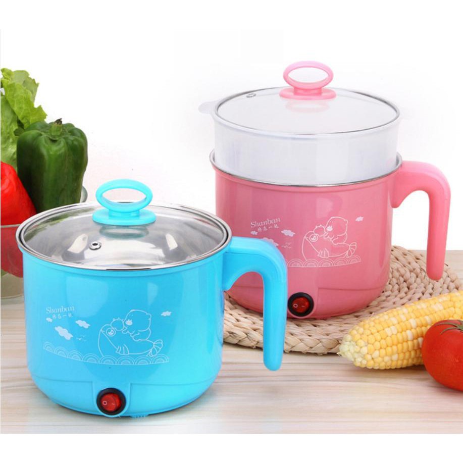 [Giá Sốc] Ca Nấu Mì, Nấu Cơm Đa Năng Có Tay Cầm 1,8L - Nồi Lẩu Điện Mini Kèm Giá Hấp INOX