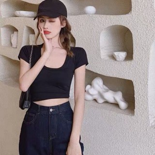 Áo thun cổ vuông nữ croptop kiểu bó ôm body chất cotton thấm hút mồ hôi trơn Taosan, ao thun co U nữ