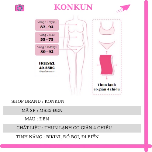 Bikini nữ đồ bơi 1 mảnh lệch vai khoen, màu đen KONKUN MS35-ĐEN