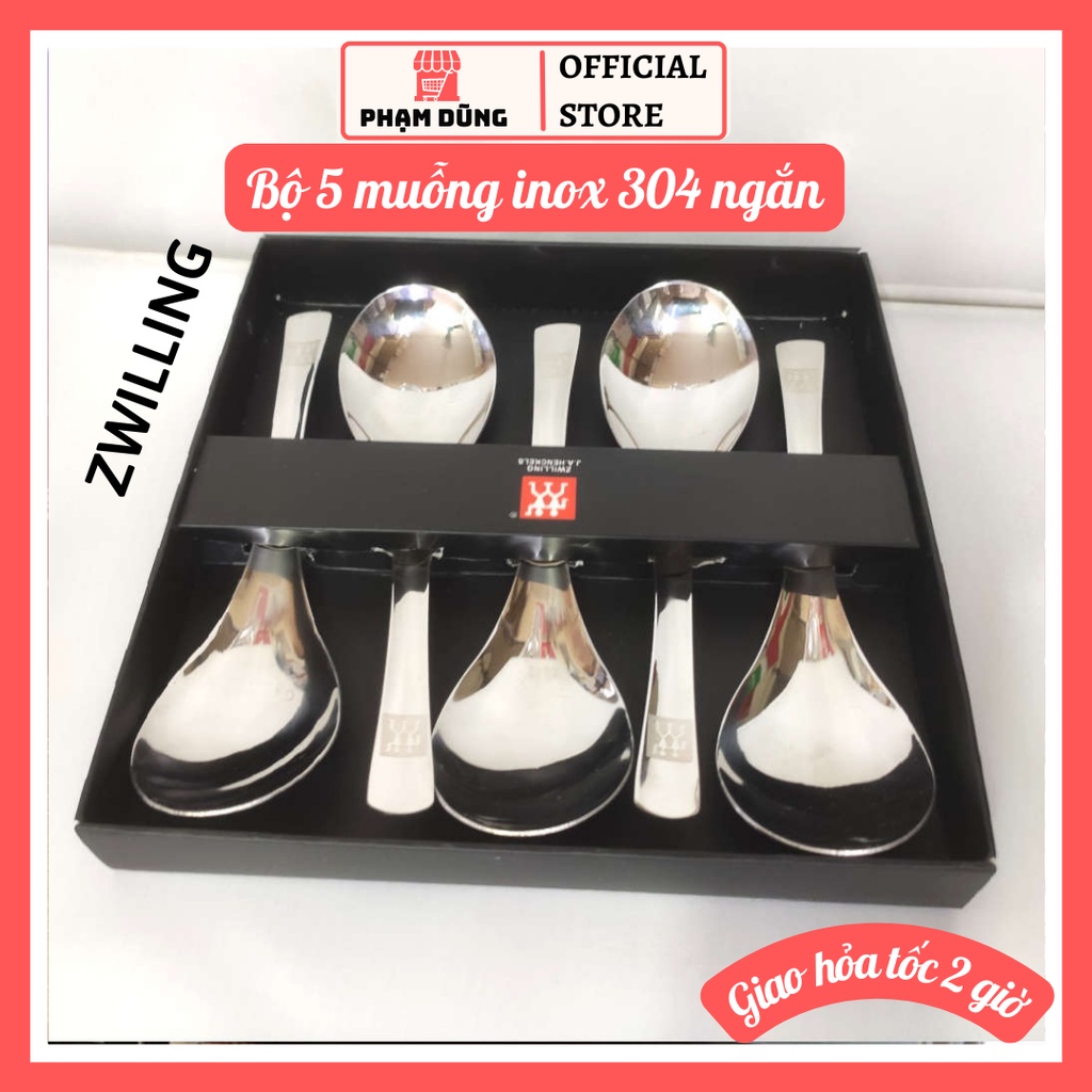 Bộ 5 muỗng inox 304 cán ngắn công nghệ Đức, combo 5 thìa ăn cơm cháo phở thép không gỉ