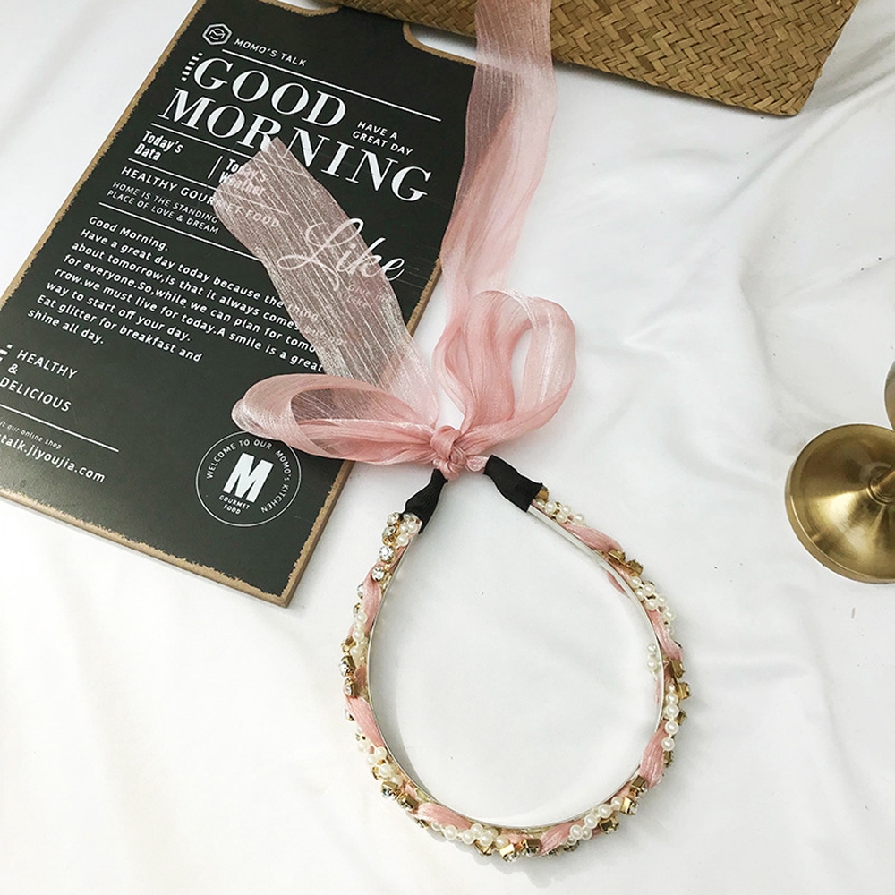 Cài tóc dây ruy băng đính ngọc trai nhân tạo cho nữ