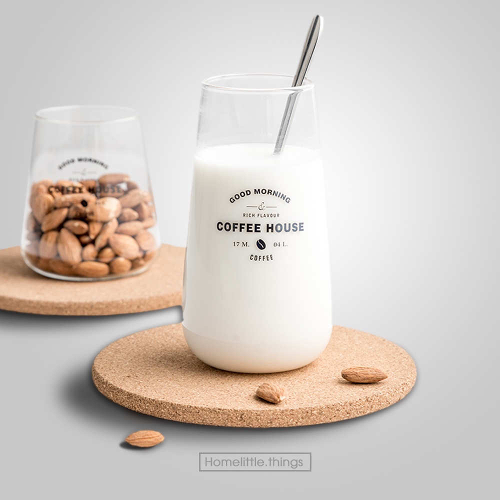 Ly, cốc thủy tinh uống nước kiểu dáng tròn in chữ