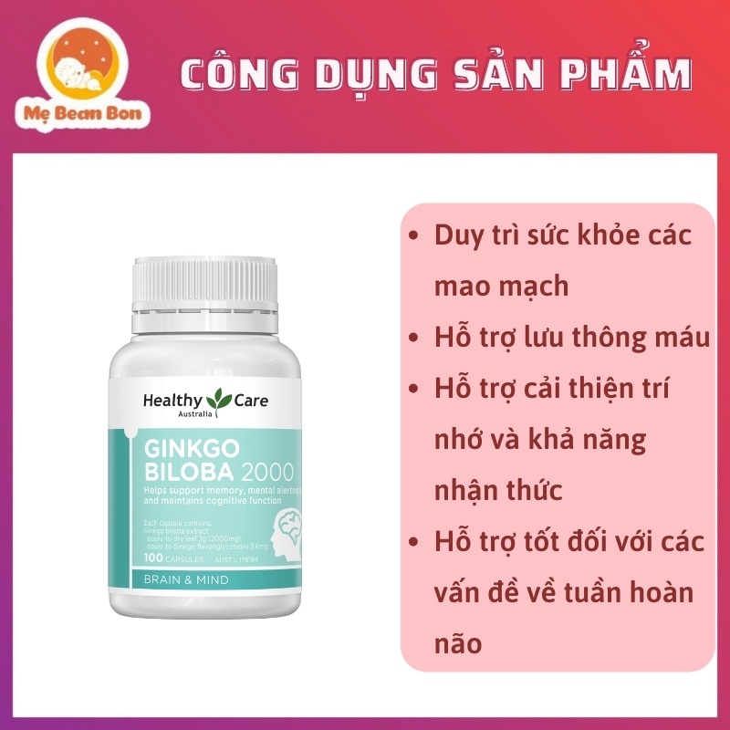 Viên bổ não hộp 100v ÚC Healthy Care Ginkgo Biloba 2000mg giu tuần hoàn máu não, trí nhớ cho bé từ 12 tuổi và người già