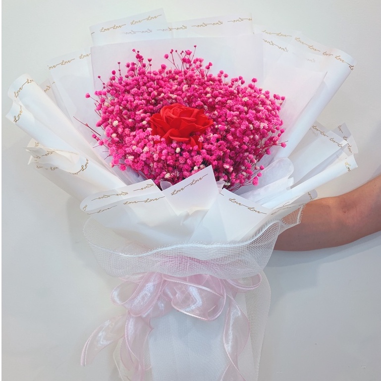 Bó hoa baby hồng phấn mix hoa sáp đỏ nổi bật, hoa thật sấy khô cực bền, quà tặng hoa khô