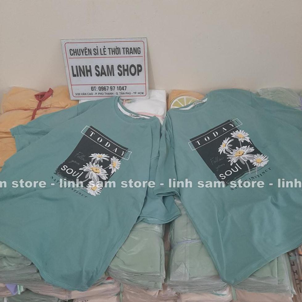 Áo thun tay lỡ freesize nữ phông form rộng Unisex mặc cặp, nhóm, lớp, in hình hoa cúc chữ TODAY SOUL màu xanh ngọc