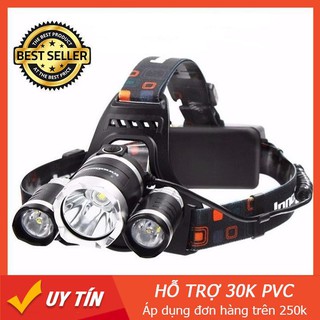 Đèn pin đội đầu siêu sáng 3 bóng led, pin sạc chống nước
