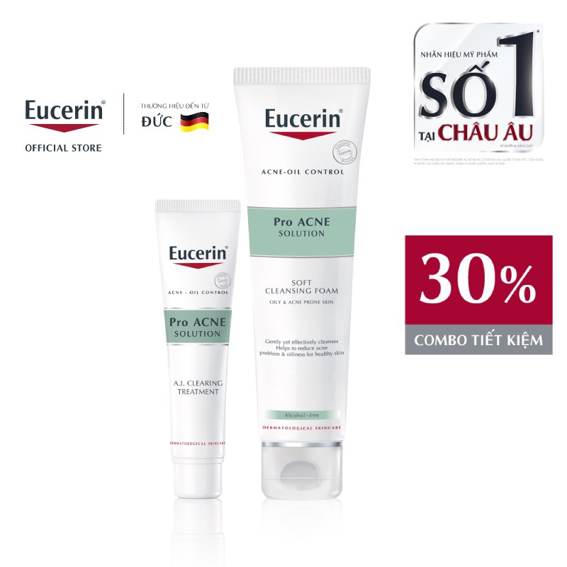 [Ưu Đãi 30%] Bộ sản phẩm giảm mụn Eucerin Pro Acne: Gel A.I. Treatment 40ml & Bọt Rửa Mặt 150g