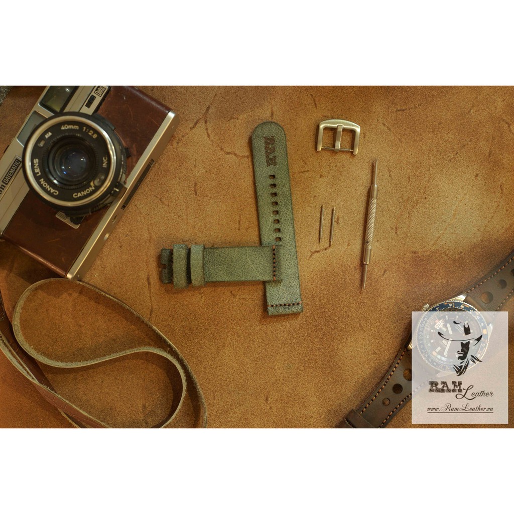 Dây đồng hồ RAM Leather vintage Simple da bò thật da bò lộn xanh matcha