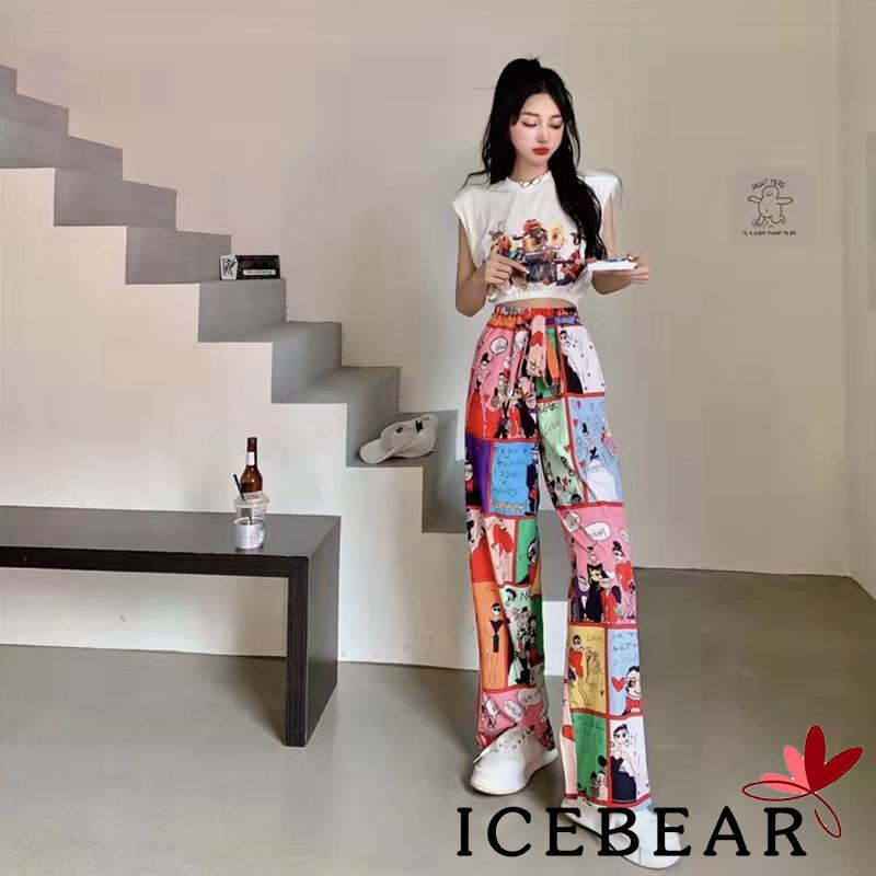 Set Áo Croptop Không Tay + Quần Dài Ống Rộng Họa Tiết Graffiti Cho Nữ