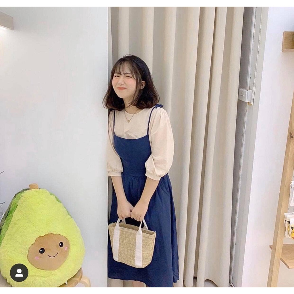 Set Váy Yếm Sơ Mi Tay Bồng Tiểu Thư