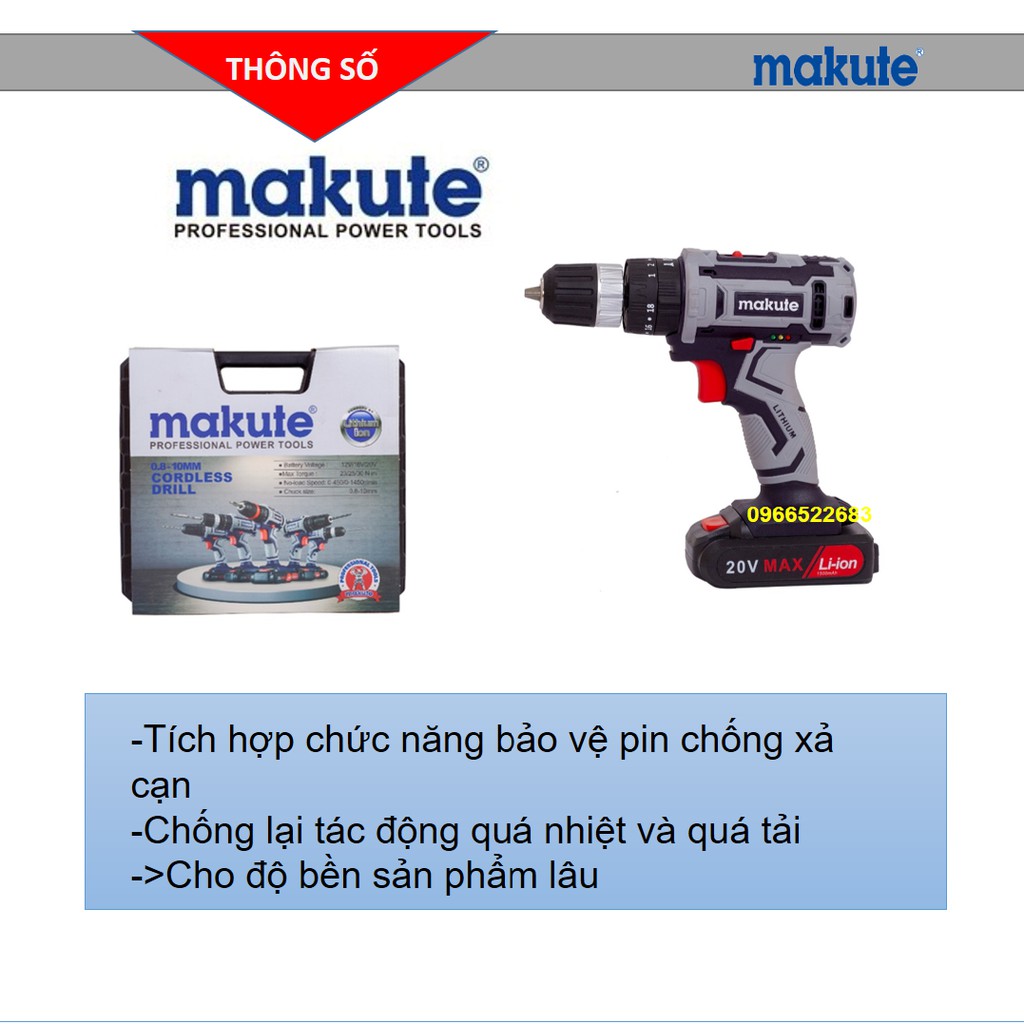 Máy khoan pin | Máy khoan pin Makute 20V | 3 chức năng tặng 2 pin + bộ đồ phụ kiện