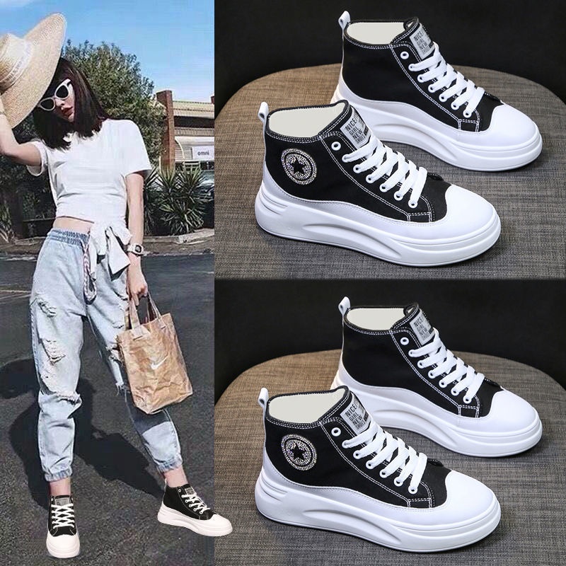 Giày Thể Thao Vải Canvas Cổ Cao Đế Phẳng Phong Cách Hàn Quốc Thời Trang Xuân Thu 2022 Mới