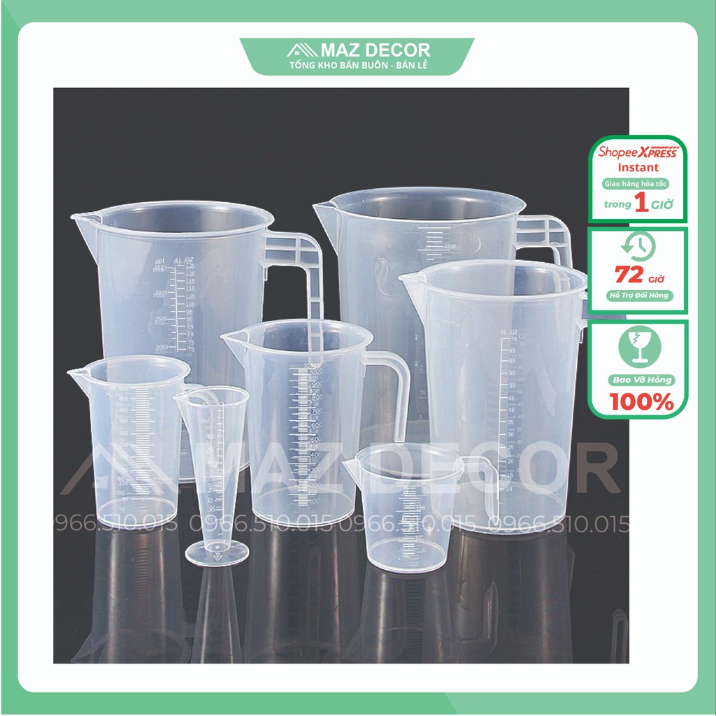 Giá sỉ Ca cốc ly đong nhựa đinh lượng pha chế chia vạch 100ml - 250ml - 500ml - 1000ml (chất dày, bền, đẹp)