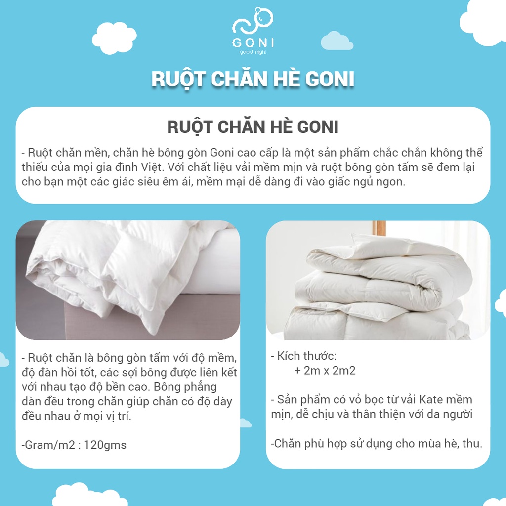 Bộ 4 ruột hơi bông gòn êm ái GONI Trắng tinh khiết bao gồm 2 ruột gối , 1 ruột chăn hè và 1 ruột gối ôm