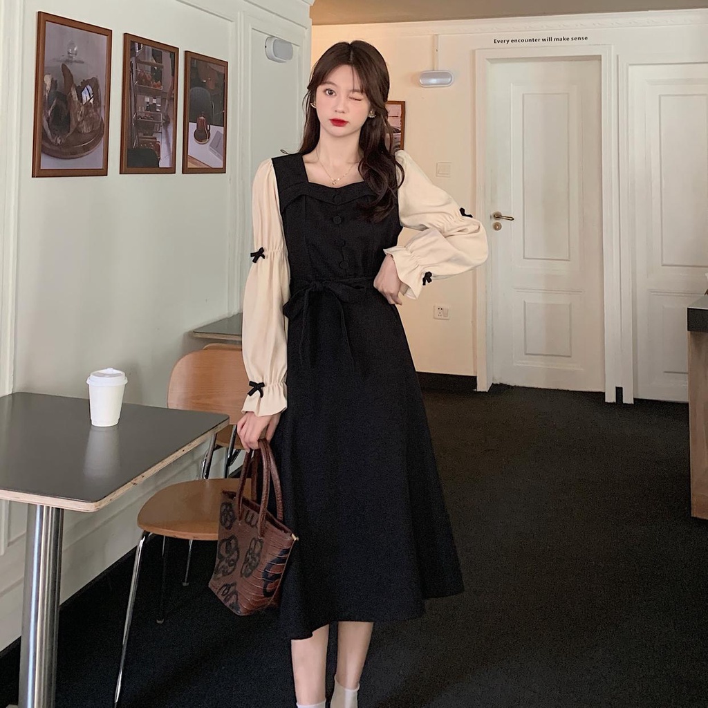Đầm Tay Phồng Cổ Vuông Thiết Kế Mới Thời Trang Mùa Thu Dành Cho Nữ