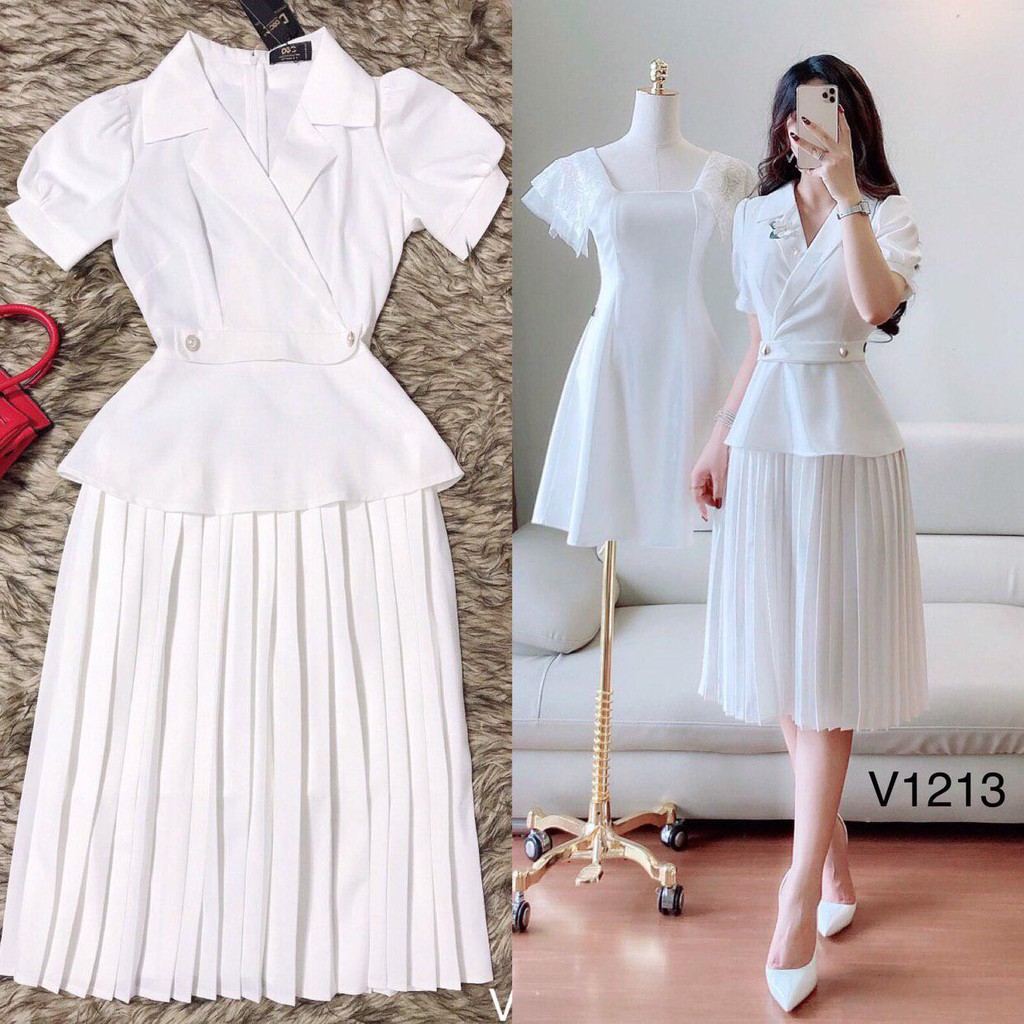 [ xả kho ] MiD Đầm trắng chân xếp li dáng dài V1213 Mie Design kèm ảnh thật