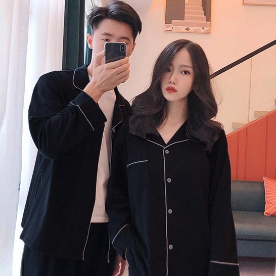 Bộ đồ ngủ tay dài dáng rộng phong cách Hàn Quốc thời trang mùa thu cho nam và nữ
