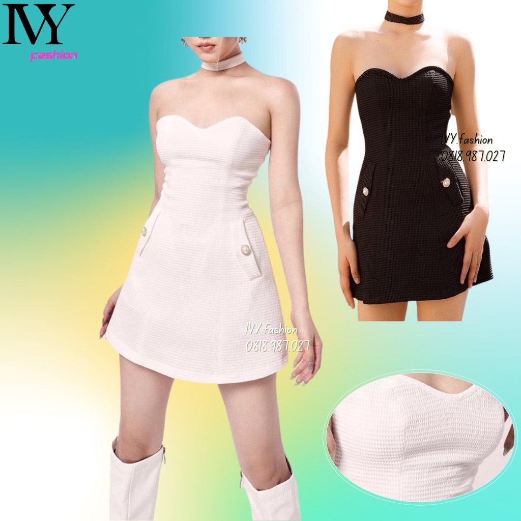 Đầm váy thiết kế cúp ngực 🔥tơ xốp lót lụa🔥 xòe ôm body kèm dây cổ chocker đen trắng trễ vai ivy.fashion đi biển dự tiệc