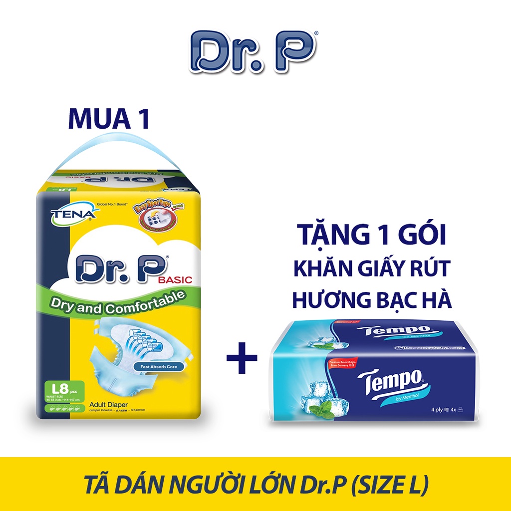 [MUA 1 TẶNG 1] Tã dán người lớn Dr.P size M10/L8/XL8 siêu thấm chống tràn cao cấp Tặng 1 gói giấy rút ngẫu nhiên