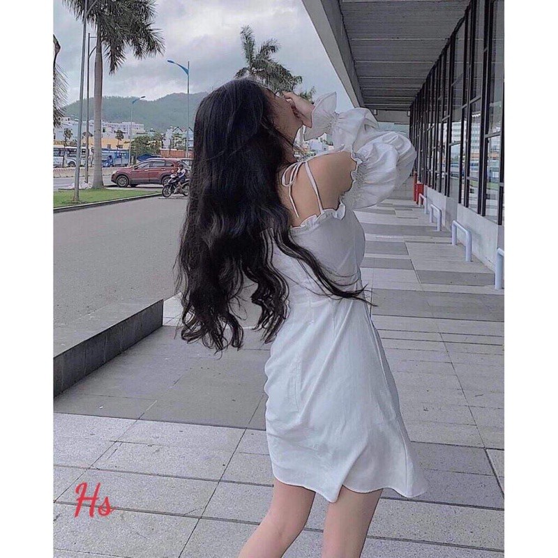 Đầm Nữ Trễ Vai Buộc Dây Tay Phồng 🦋 Váy Nữ Chất Đũi Cột Dây Ngực Bèo 2 Màu 🦋 | BigBuy360 - bigbuy360.vn