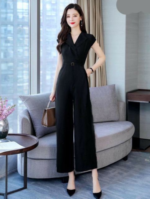 Jumpsuit dài ống suông cổ vest kèm phụ kiện xinh xắn tặng hoa tai thời trang xinh xắn