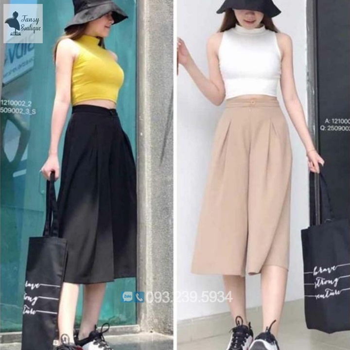 Quần ống rộng giả váy lưng cao, chất đũi hàn mát mịn
