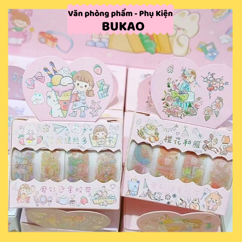 Hộp 4 cuộn washi nhũ ánh kim lấp lánh trang trí