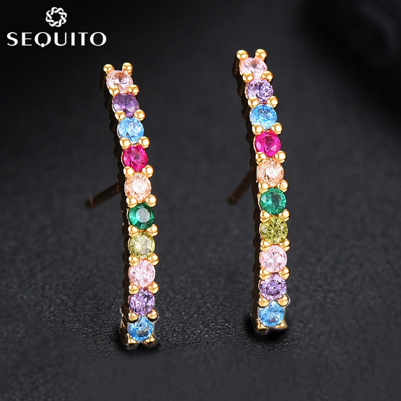 SEQUITO Mới Về Mạ Vàng Tai Dài Thanh Pave Cầu Vồng CZ Pha Lê Đá Bông Tai Dành Cho Nữ Đơn Giản Trang 