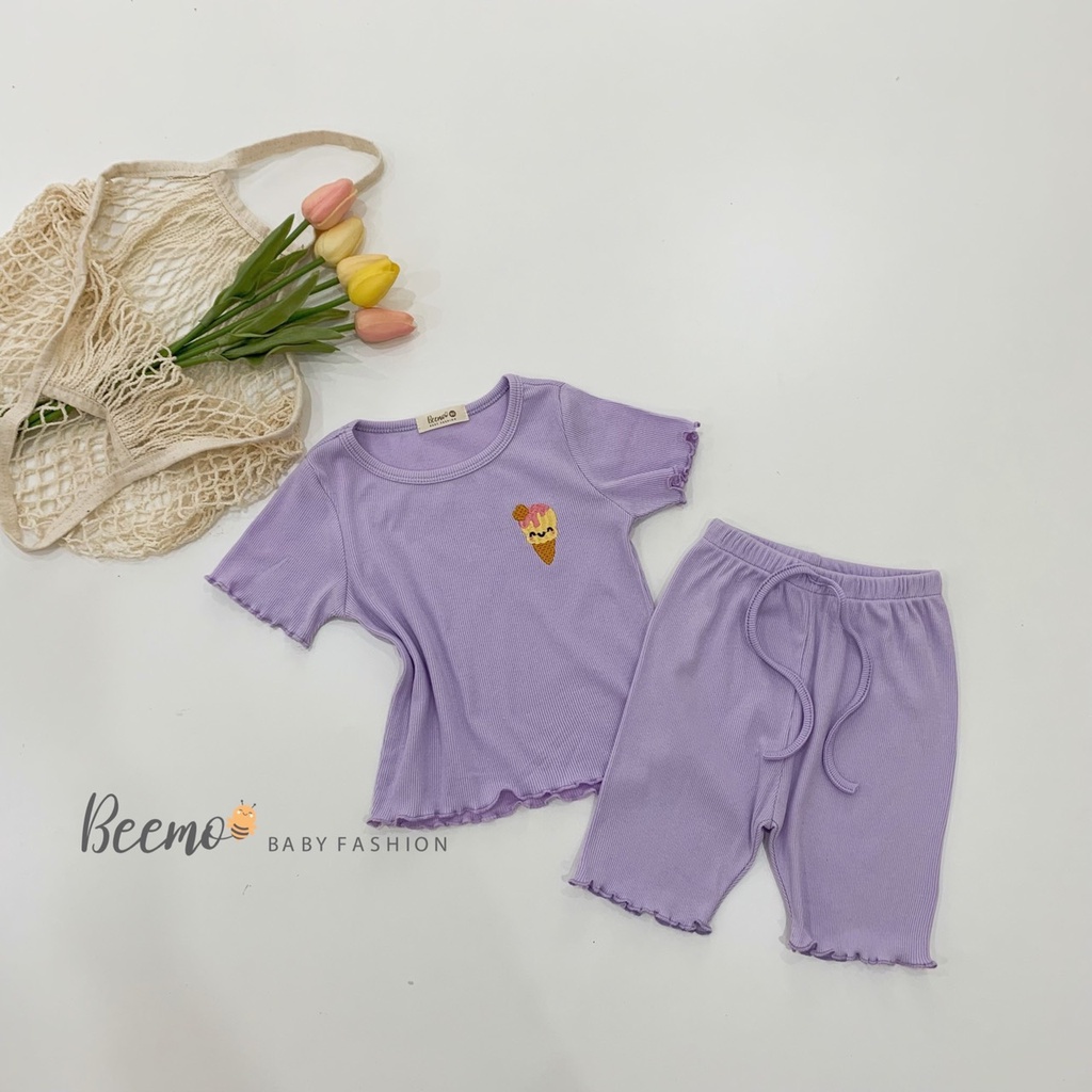 Bộ Cộc Thun Tăm Bé Gái Beemo Thêu Ngực Xoăn Biên Mềm Mại Màu Trơn Cực Sang