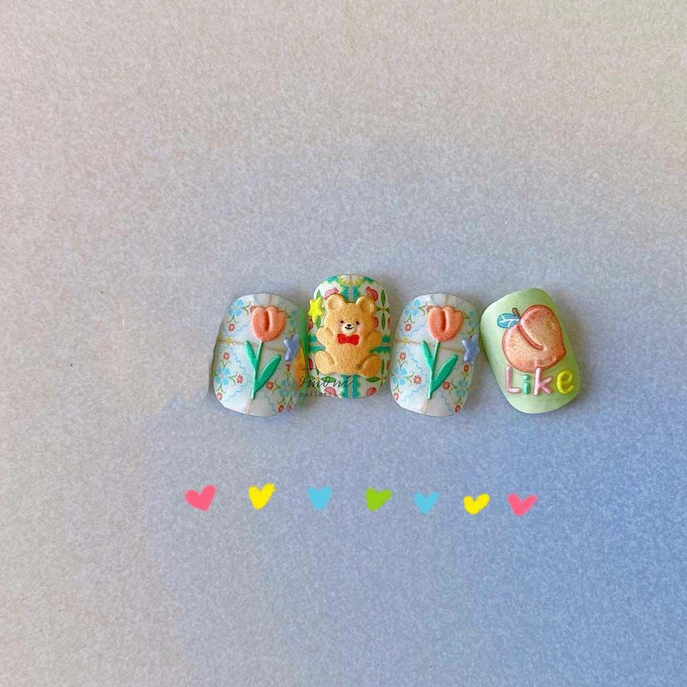 QQMALL Miếng Dán Hình Gấu Nổi 5D Dễ Thương Dùng Trang Trí Móng Nghệ Thuật