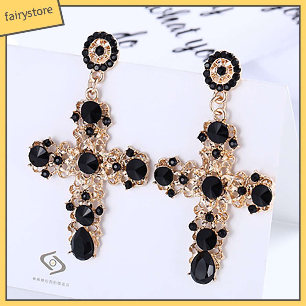 Bông Tai Hình Thánh Giá Đính Đá Phong Cách Cổ Điển