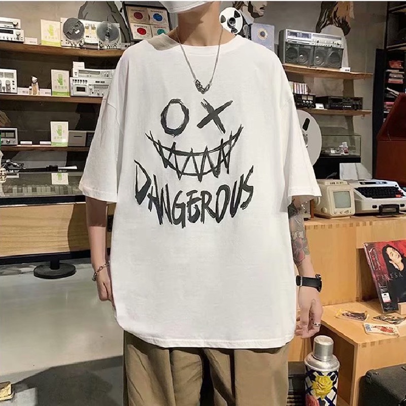 Áo thun tay ngắn cổ tròn dáng rộng in hình và chữ thời trang Hàn Quốc cỡ M-5XL cho nam