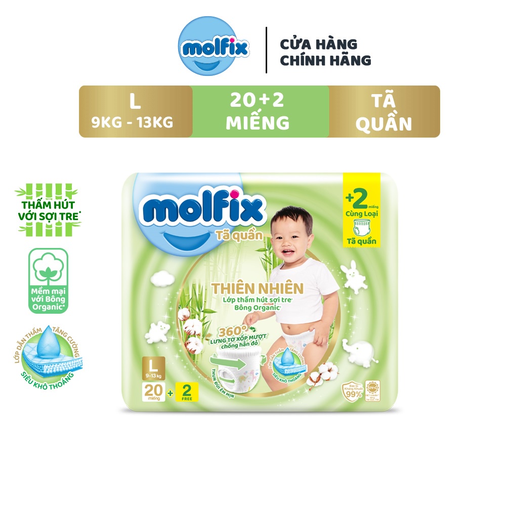 Tã/bỉm quần Molfix Thiên nhiên Regular L (9kg - 13kg) - Gói 20+2 miếng