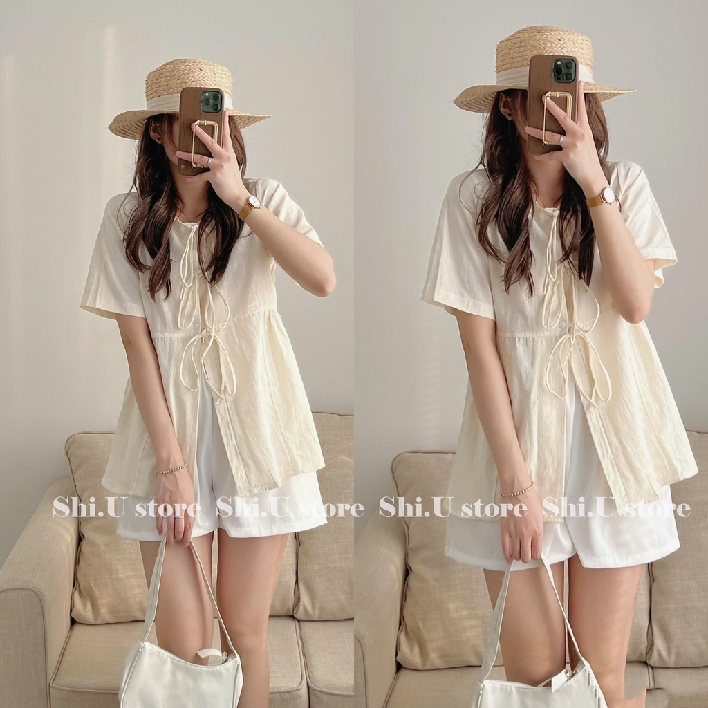 Áo sơ mi babydoll cộc tay buộc dây nơ 2 màu xinh xắn