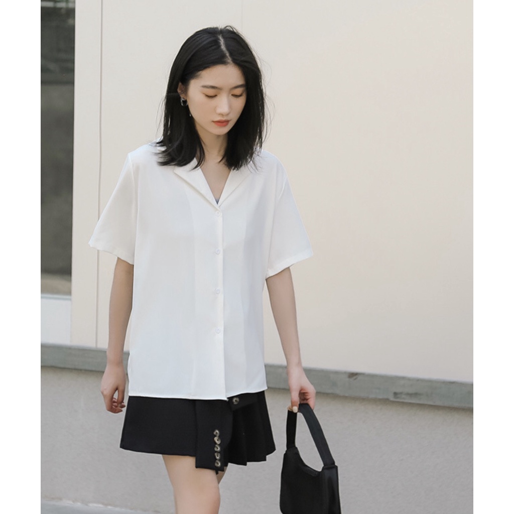 Áo sơ mi ngắn tay cổ vest nam nữ áo sơ mi cộc tay form rộng áo sơ mi unisex 3 màu Đen Trắng Be | BigBuy360 - bigbuy360.vn